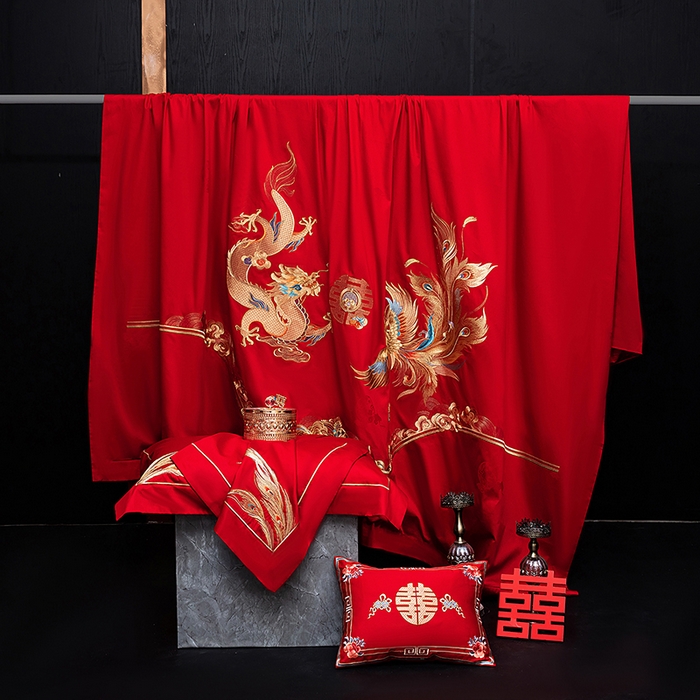 91家纺网 家纺一手货源 找家纺 蒂爵 2026年重绣性价比款长绒棉提花全棉纯棉绣花婚庆四件套多件套大红色刺绣结床上用品 龙凤滕欢