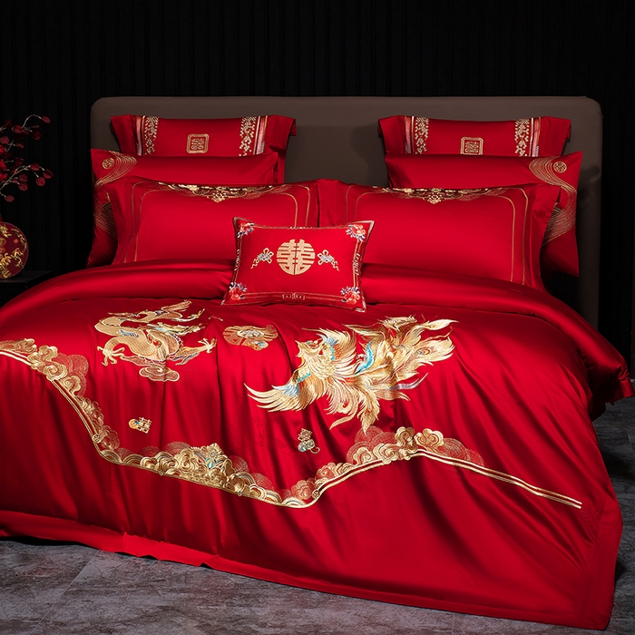 91家纺网 家纺一手货源 找家纺 蒂爵 2026年重绣性价比款长绒棉提花全棉纯棉绣花婚庆四件套多件套大红色刺绣结床上用品 龙凤滕欢