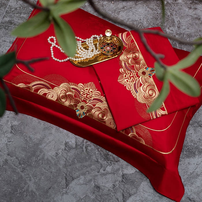 91家纺网 家纺一手货源 找家纺 蒂爵 2026年重绣性价比款长绒棉提花全棉纯棉绣花婚庆四件套多件套大红色刺绣结床上用品 龙凤滕欢