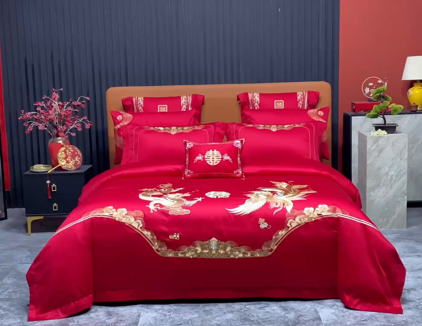 91家纺网 家纺一手货源 找家纺 蒂爵 2026年重绣性价比款长绒棉提花全棉纯棉绣花婚庆四件套多件套大红色刺绣结床上用品 龙凤滕欢