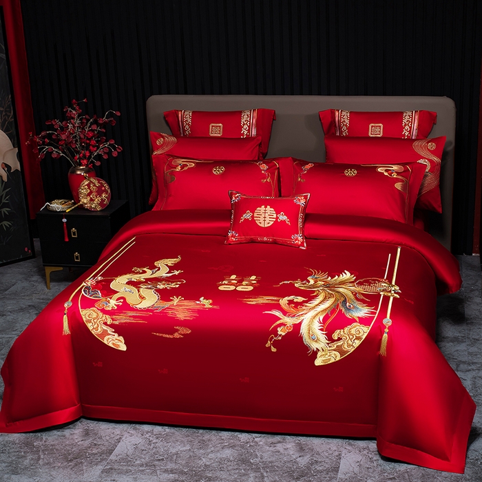 91家纺网 家纺一手货源 找家纺 蒂爵 2026年重绣性价比款长绒棉提花全棉纯棉绣花婚庆四件套多件套大红色刺绣结床上用品 龙凤喜韵