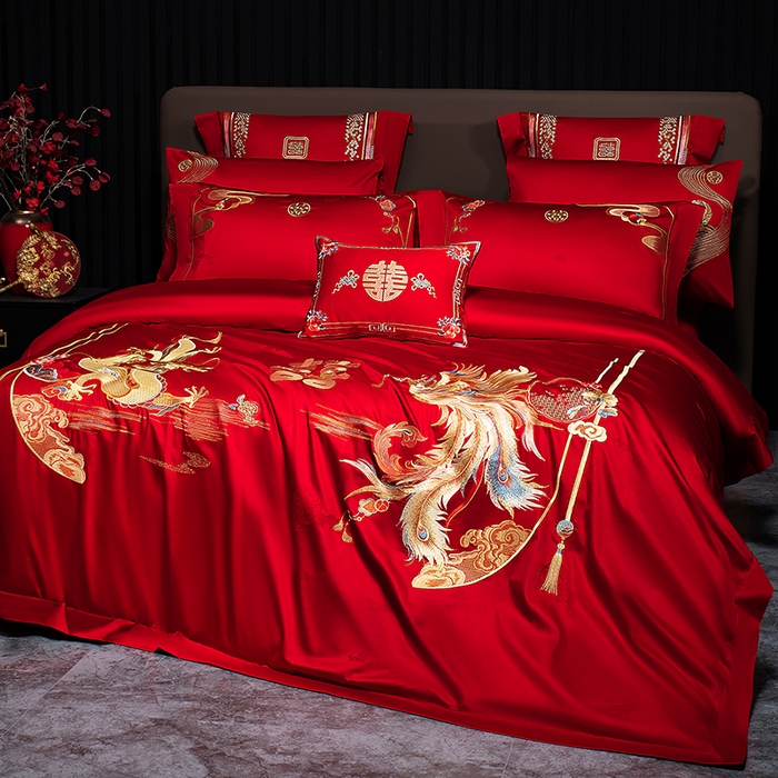 91家纺网 家纺一手货源 找家纺 蒂爵 2026年重绣性价比款长绒棉提花全棉纯棉绣花婚庆四件套多件套大红色刺绣结床上用品 龙凤喜韵