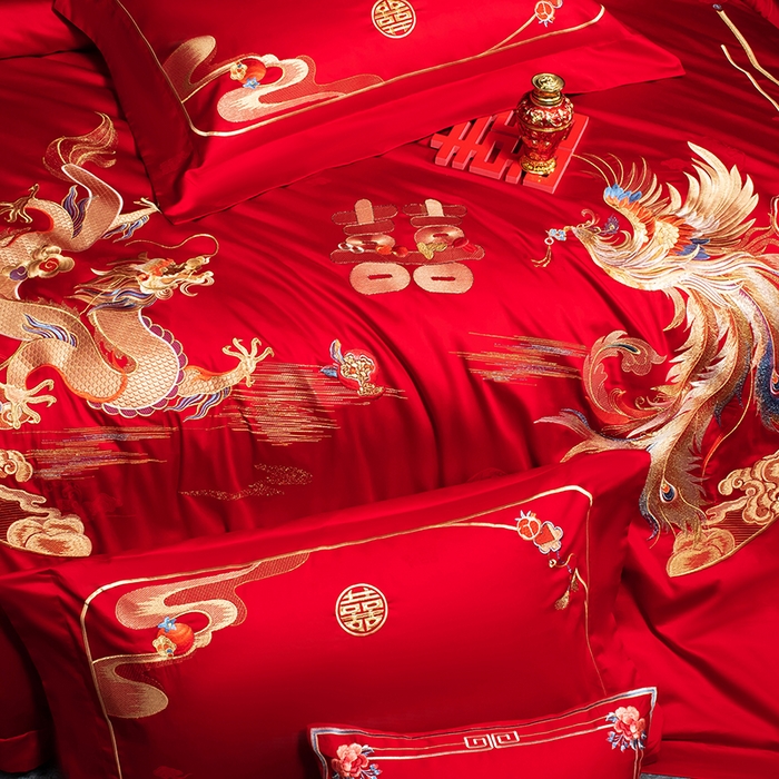 91家纺网 家纺一手货源 找家纺 蒂爵 2026年重绣性价比款长绒棉提花全棉纯棉绣花婚庆四件套多件套大红色刺绣结床上用品 龙凤喜韵