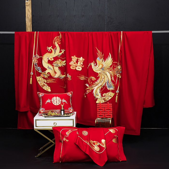 91家纺网 家纺一手货源 找家纺 蒂爵 2026年重绣性价比款长绒棉提花全棉纯棉绣花婚庆四件套多件套大红色刺绣结床上用品 龙凤喜韵