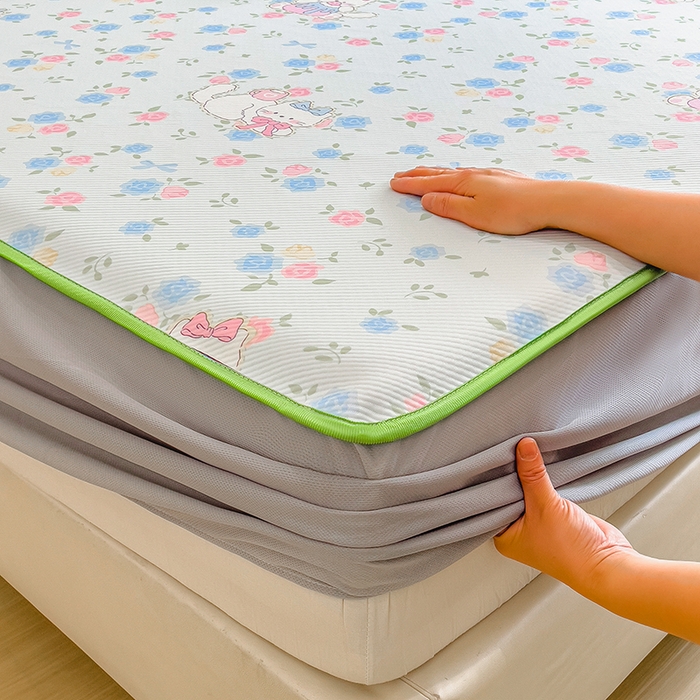 91家纺网 家纺一手货源 找家纺 莱米家纺 2026新款斜纹凉感床笠冰豆豆系列 花朵小猫