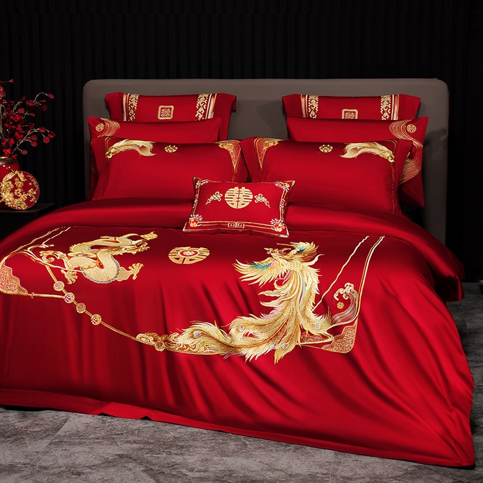 91家纺网 家纺一手货源 找家纺 蒂爵 2026年重绣性价比款长绒棉提花全棉纯棉绣花婚庆四件套多件套大红色刺绣结床上用品 龙凤挚爱