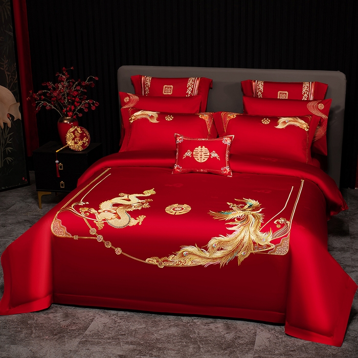 91家纺网 家纺一手货源 找家纺 蒂爵 2026年重绣性价比款长绒棉提花全棉纯棉绣花婚庆四件套多件套大红色刺绣结床上用品 龙凤挚爱