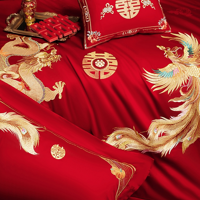 91家纺网 家纺一手货源 找家纺 蒂爵 2026年重绣性价比款长绒棉提花全棉纯棉绣花婚庆四件套多件套大红色刺绣结床上用品 龙凤挚爱