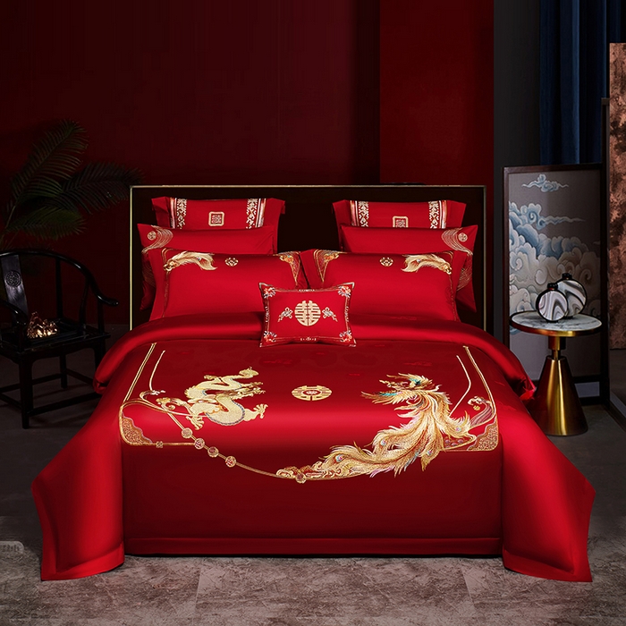 蒂爵 2026年重绣性价比款长绒棉提花全棉纯棉绣花婚庆四件套多件套大红色刺绣结床上用品 龙凤挚爱