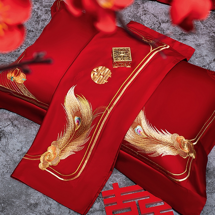 91家纺网 家纺一手货源 找家纺 蒂爵 2026年重绣性价比款长绒棉提花全棉纯棉绣花婚庆四件套多件套大红色刺绣结床上用品 龙凤挚爱