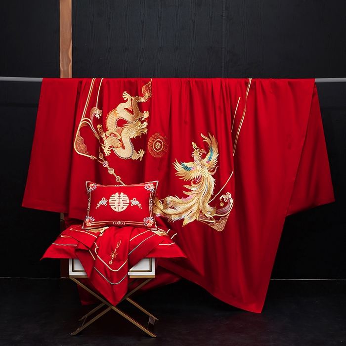 91家纺网 家纺一手货源 找家纺 蒂爵 2026年重绣性价比款长绒棉提花全棉纯棉绣花婚庆四件套多件套大红色刺绣结床上用品 龙凤挚爱