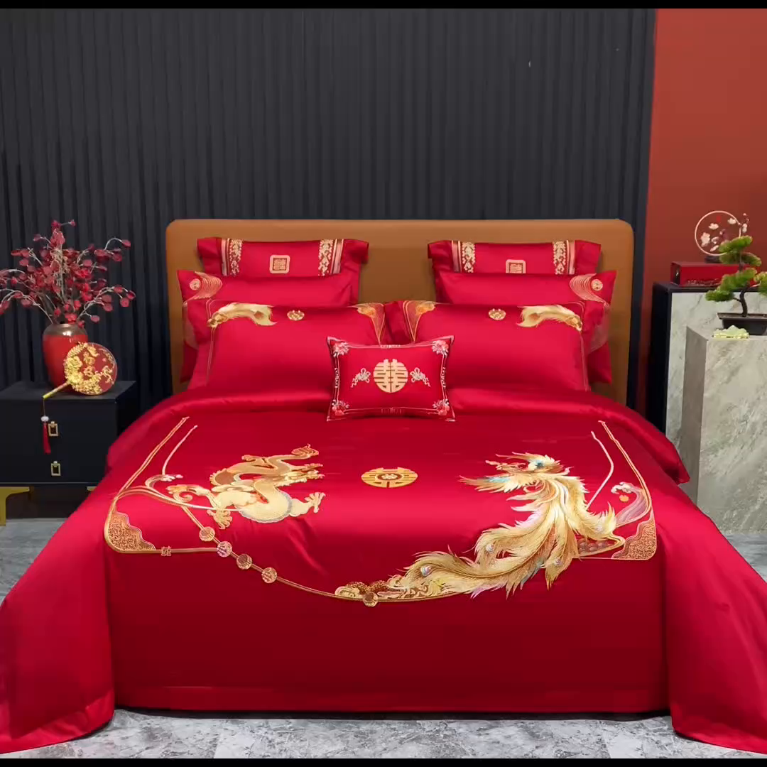91家纺网 家纺一手货源 找家纺 蒂爵 2026年重绣性价比款长绒棉提花全棉纯棉绣花婚庆四件套多件套大红色刺绣结床上用品 龙凤挚爱