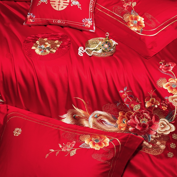 91家纺网 家纺一手货源 找家纺 蒂爵 2026年重绣性价比款长绒棉提花全棉纯棉绣花婚庆四件套多件套大红色刺绣结床上用品 如意芳华