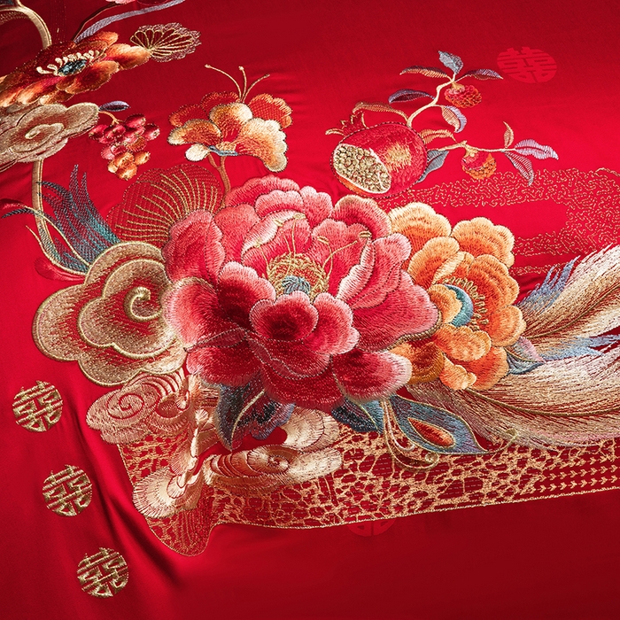 91家纺网 家纺一手货源 找家纺 蒂爵 2026年重绣性价比款长绒棉提花全棉纯棉绣花婚庆四件套多件套大红色刺绣结床上用品 如意芳华