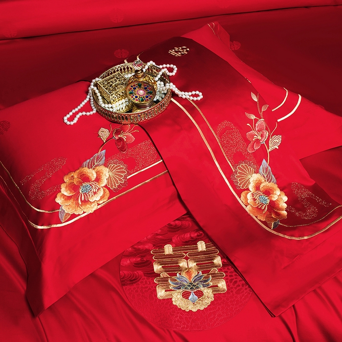 91家纺网 家纺一手货源 找家纺 蒂爵 2026年重绣性价比款长绒棉提花全棉纯棉绣花婚庆四件套多件套大红色刺绣结床上用品 如意芳华