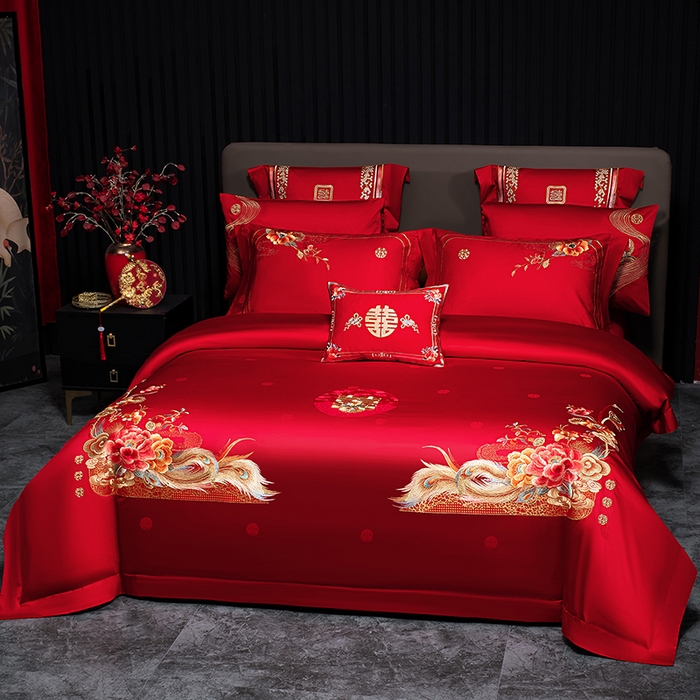 91家纺网 家纺一手货源 找家纺 蒂爵 2026年重绣性价比款长绒棉提花全棉纯棉绣花婚庆四件套多件套大红色刺绣结床上用品 如意芳华