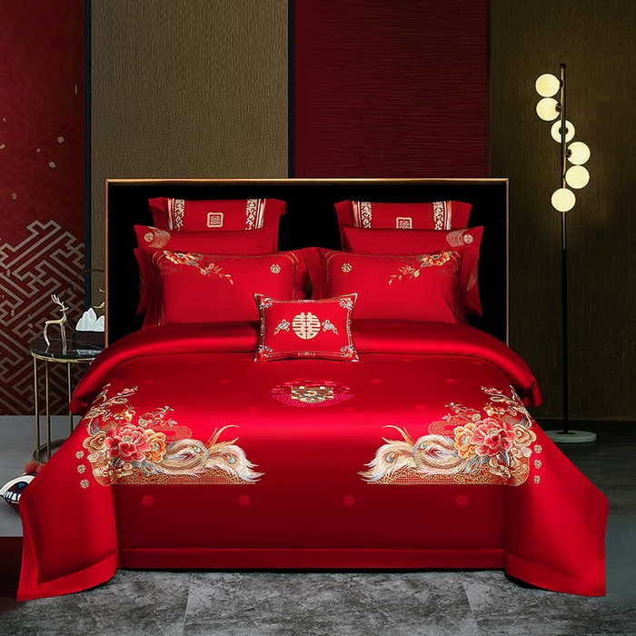 蒂爵 2026年重绣性价比款长绒棉提花全棉纯棉绣花婚庆四件套多件套大红色刺绣结床上用品 如意芳华