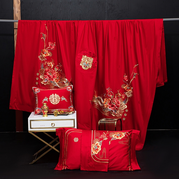 91家纺网 家纺一手货源 找家纺 蒂爵 2026年重绣性价比款长绒棉提花全棉纯棉绣花婚庆四件套多件套大红色刺绣结床上用品 如意芳华