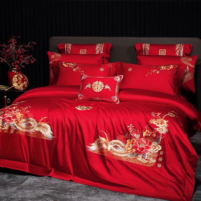 91家纺网 家纺一手货源 找家纺 蒂爵 2026年重绣性价比款长绒棉提花全棉纯棉绣花婚庆四件套多件套大红色刺绣结床上用品 如意芳华