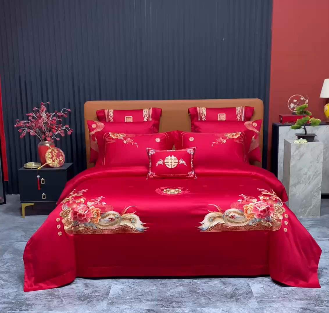 91家纺网 家纺一手货源 找家纺 蒂爵 2026年重绣性价比款长绒棉提花全棉纯棉绣花婚庆四件套多件套大红色刺绣结床上用品 如意芳华