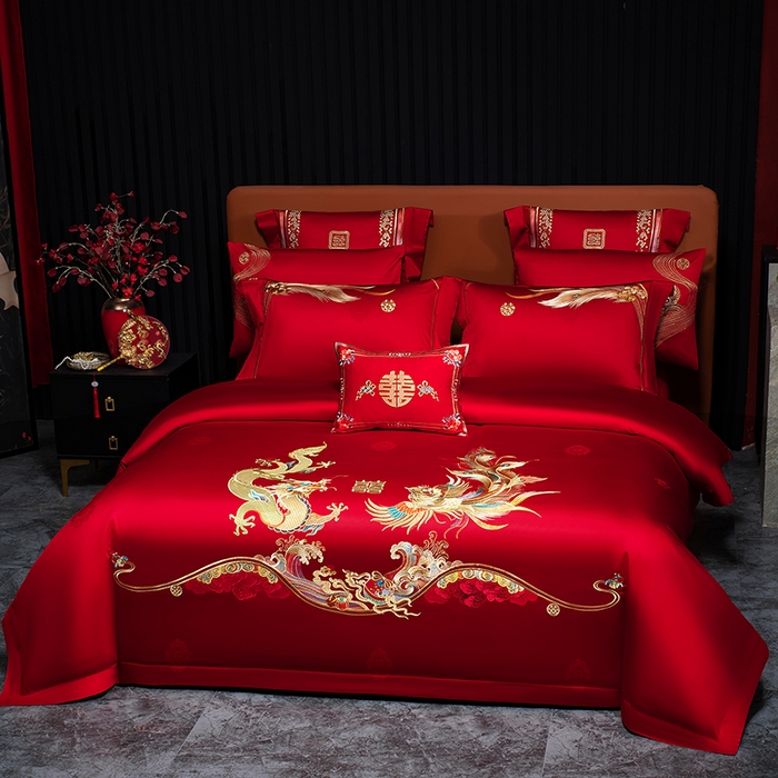 91家纺网 家纺一手货源 找家纺 蒂爵 2026年重绣性价比款长绒棉提花全棉纯棉绣花婚庆四件套多件套大红色刺绣结床上用品 如意龙凤