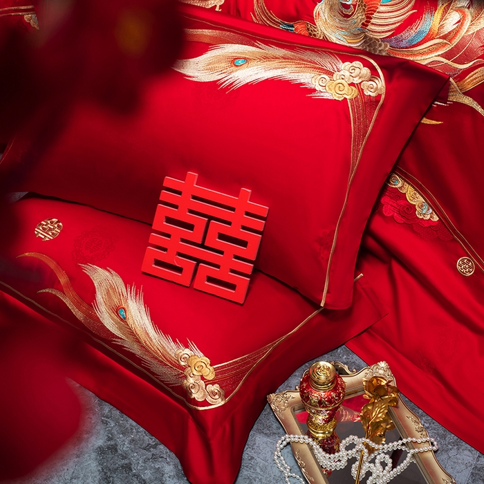 91家纺网 家纺一手货源 找家纺 蒂爵 2026年重绣性价比款长绒棉提花全棉纯棉绣花婚庆四件套多件套大红色刺绣结床上用品 如意龙凤