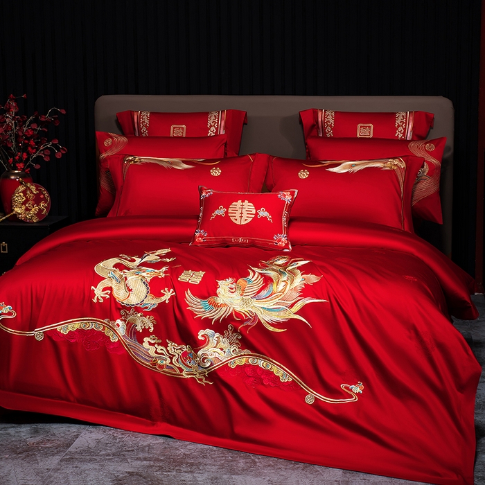 91家纺网 家纺一手货源 找家纺 蒂爵 2026年重绣性价比款长绒棉提花全棉纯棉绣花婚庆四件套多件套大红色刺绣结床上用品 如意龙凤