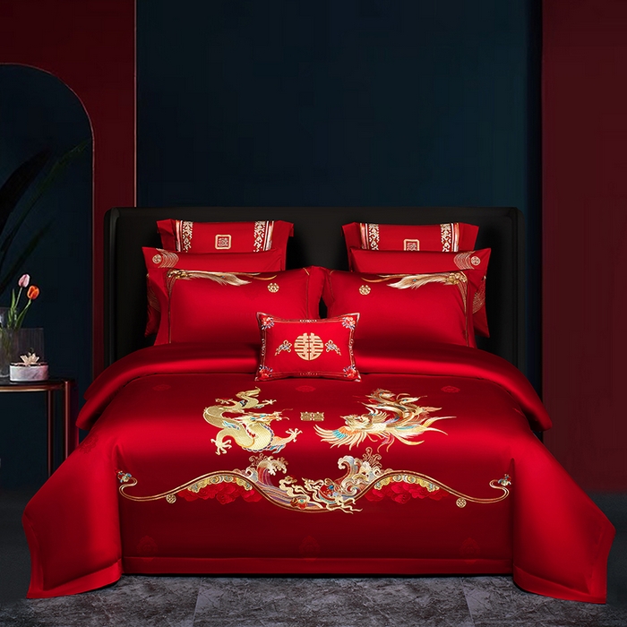 蒂爵 2026年重绣性价比款长绒棉提花全棉纯棉绣花婚庆四件套多件套大红色刺绣结床上用品 如意龙凤
