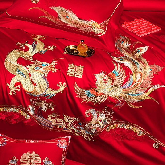 91家纺网 家纺一手货源 找家纺 蒂爵 2026年重绣性价比款长绒棉提花全棉纯棉绣花婚庆四件套多件套大红色刺绣结床上用品 如意龙凤