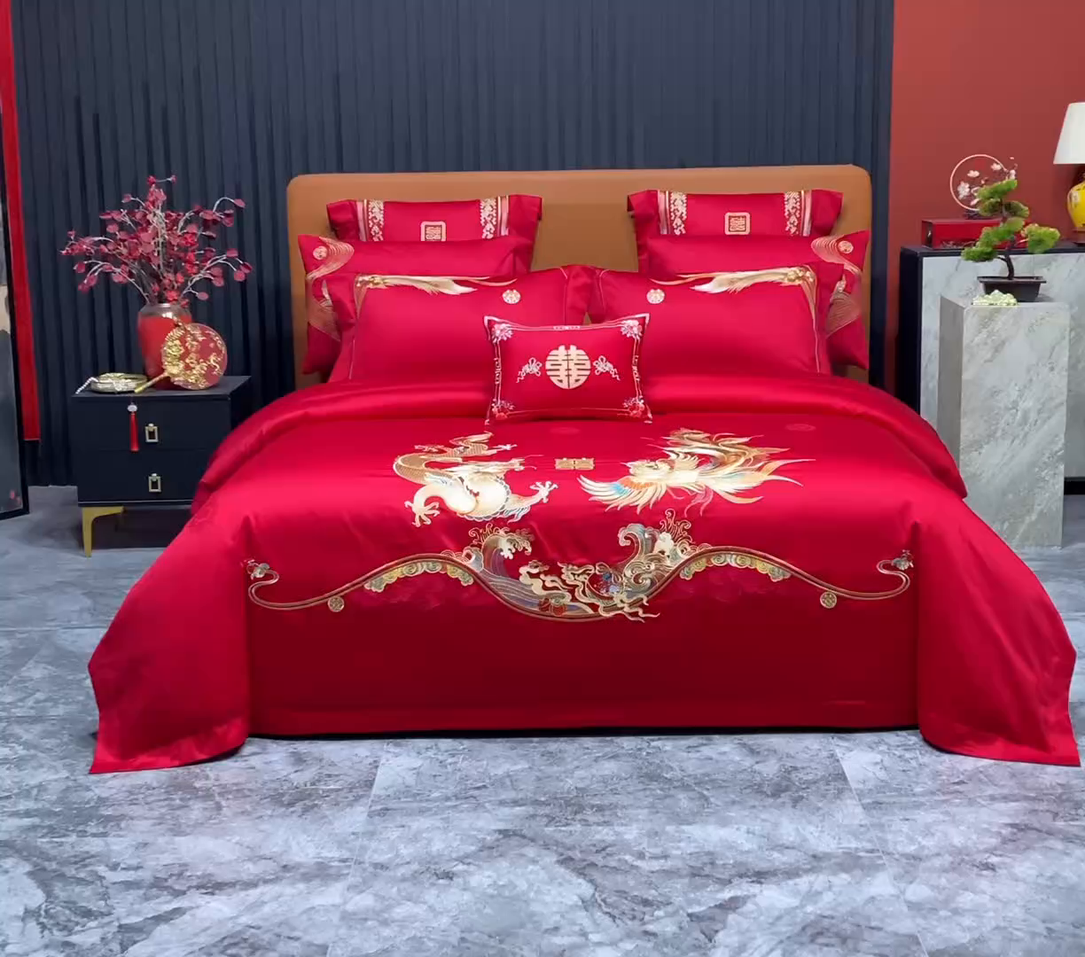 91家纺网 家纺一手货源 找家纺 蒂爵 2026年重绣性价比款长绒棉提花全棉纯棉绣花婚庆四件套多件套大红色刺绣结床上用品 如意龙凤