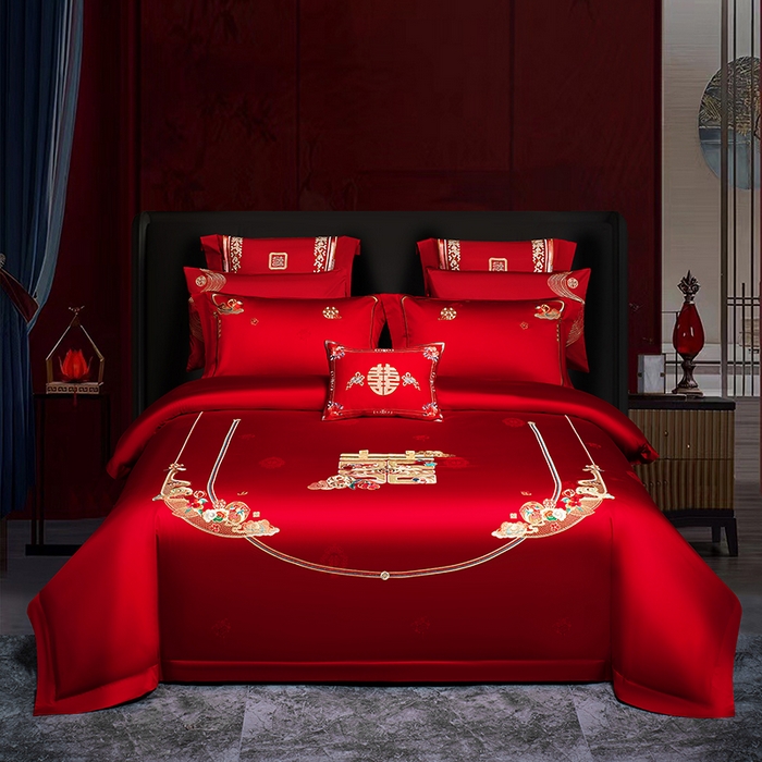 蒂爵 2026年重绣性价比款长绒棉提花全棉纯棉绣花婚庆四件套多件套大红色刺绣结床上用品 喜传祥瑞