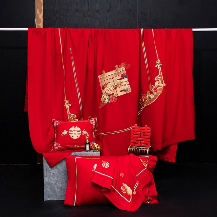 91家纺网 家纺一手货源 找家纺 蒂爵 2026年重绣性价比款长绒棉提花全棉纯棉绣花婚庆四件套多件套大红色刺绣结床上用品 喜传祥瑞