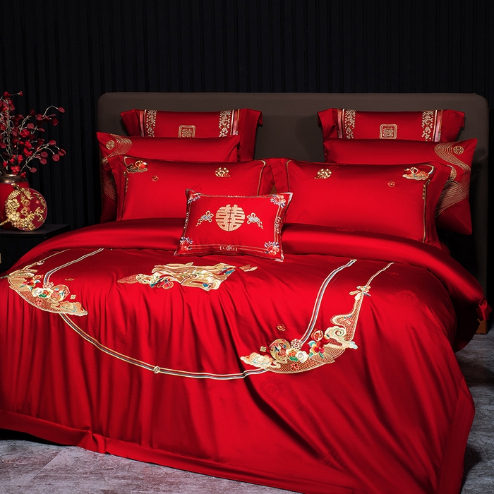 91家纺网 家纺一手货源 找家纺 蒂爵 2026年重绣性价比款长绒棉提花全棉纯棉绣花婚庆四件套多件套大红色刺绣结床上用品 喜传祥瑞