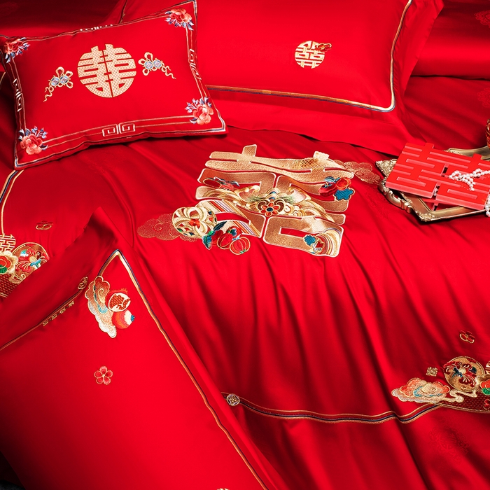 91家纺网 家纺一手货源 找家纺 蒂爵 2026年重绣性价比款长绒棉提花全棉纯棉绣花婚庆四件套多件套大红色刺绣结床上用品 喜传祥瑞