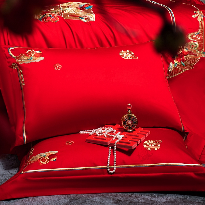 91家纺网 家纺一手货源 找家纺 蒂爵 2026年重绣性价比款长绒棉提花全棉纯棉绣花婚庆四件套多件套大红色刺绣结床上用品 喜传祥瑞