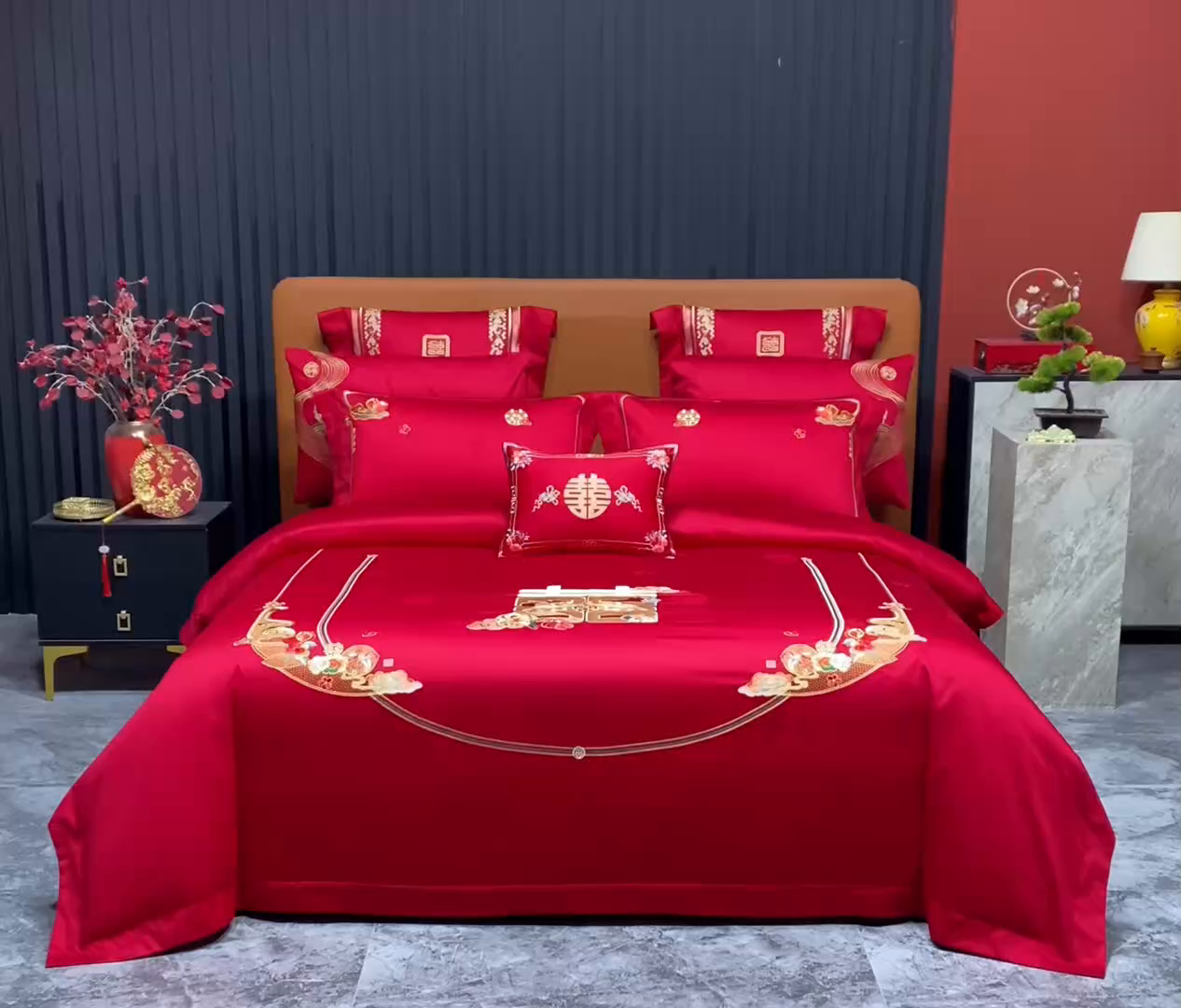 91家纺网 家纺一手货源 找家纺 蒂爵 2026年重绣性价比款长绒棉提花全棉纯棉绣花婚庆四件套多件套大红色刺绣结床上用品 喜传祥瑞
