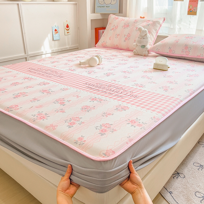 91家纺网 家纺一手货源 找家纺 莱米家纺 2026新款斜纹凉感床笠冰豆豆系列 浪漫花语