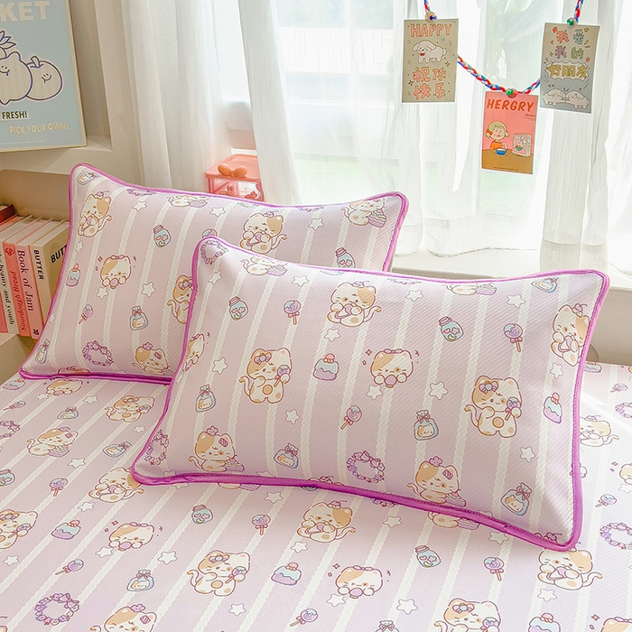 91家纺网 家纺一手货源 找家纺 莱米家纺 2026新款斜纹凉感床笠冰豆豆系列 猫猫宴会