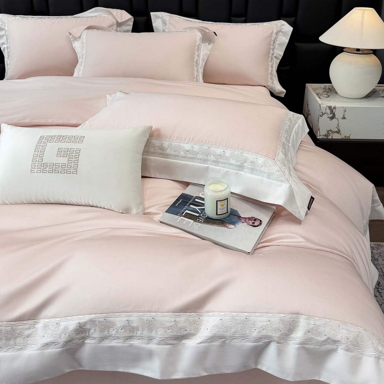 91家纺网 家纺一手货源 找家纺  2026新款A类贡缎长绒棉纯棉刺绣四件套-兰芙 兰芙-柔雪粉