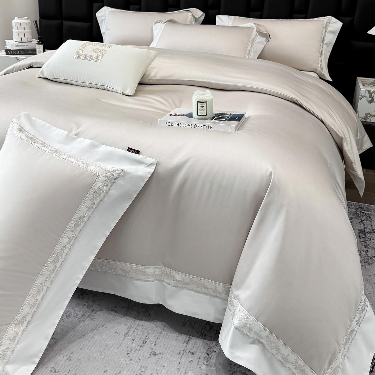 91家纺网 家纺一手货源 找家纺  2026新款A类贡缎长绒棉纯棉刺绣四件套-兰芙 兰芙-兰亭灰