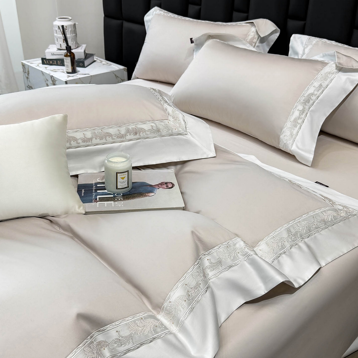 91家纺网 家纺一手货源 找家纺  2026新款A类贡缎长绒棉纯棉刺绣四件套-兰芙 兰芙-兰亭灰