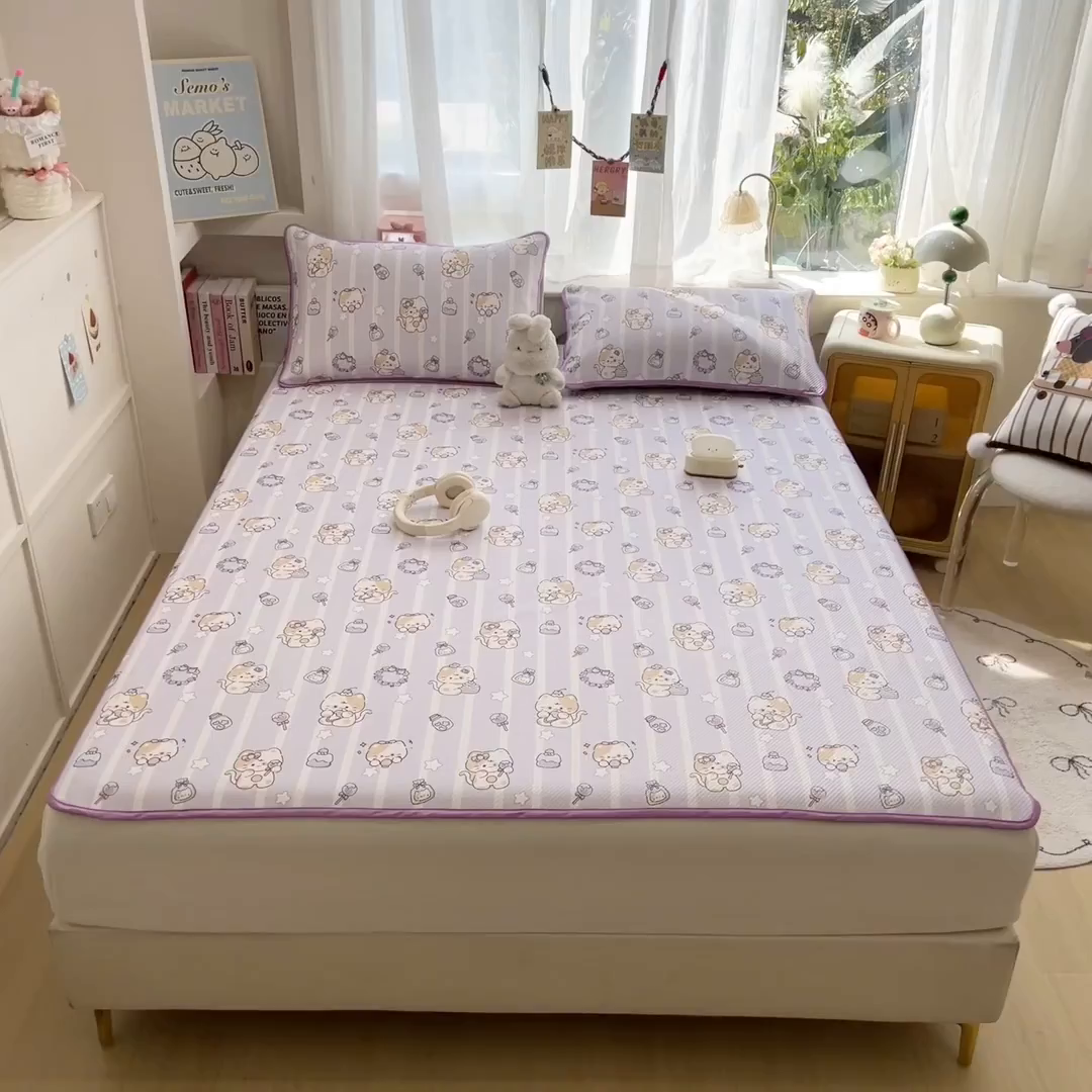 91家纺网 家纺一手货源 找家纺 莱米家纺 2026新款斜纹凉感床笠冰豆豆系列 猫猫宴会