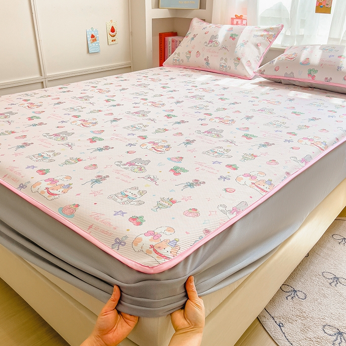 91家纺网 家纺一手货源 找家纺 莱米家纺 2026新款斜纹凉感床笠冰豆豆系列 猫咪乐园