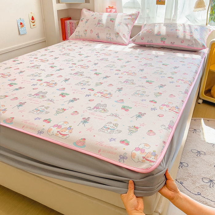 91家纺网 家纺一手货源 找家纺 莱米家纺 2026新款斜纹凉感床笠冰豆豆系列 猫咪乐园