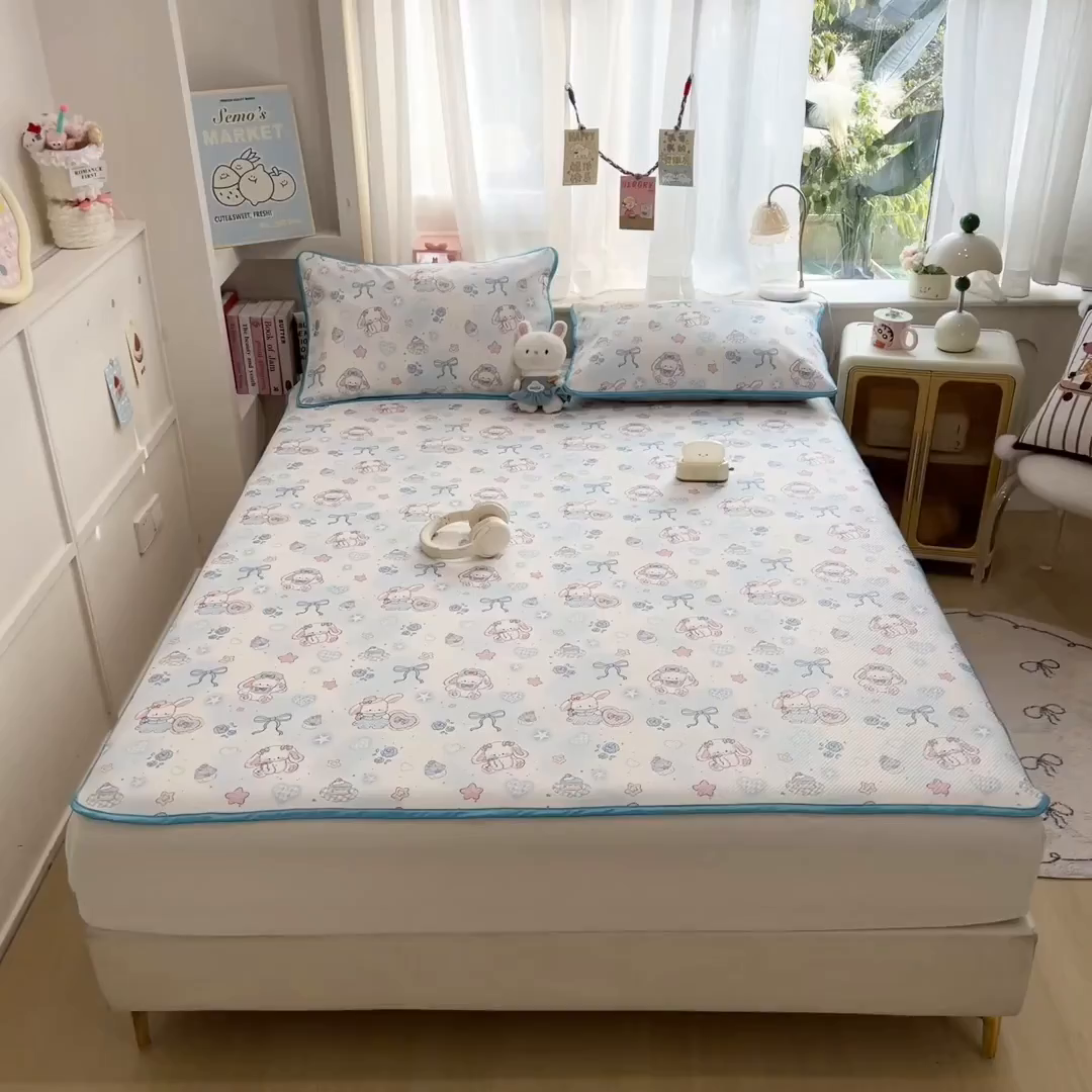 91家纺网 家纺一手货源 找家纺 莱米家纺 2026新款斜纹凉感床笠冰豆豆系列 萌宠甜兔