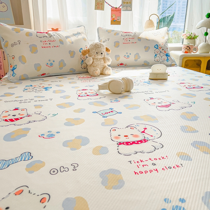 91家纺网 家纺一手货源 找家纺 莱米家纺 2026新款斜纹凉感床笠冰豆豆系列 泡芙小狗