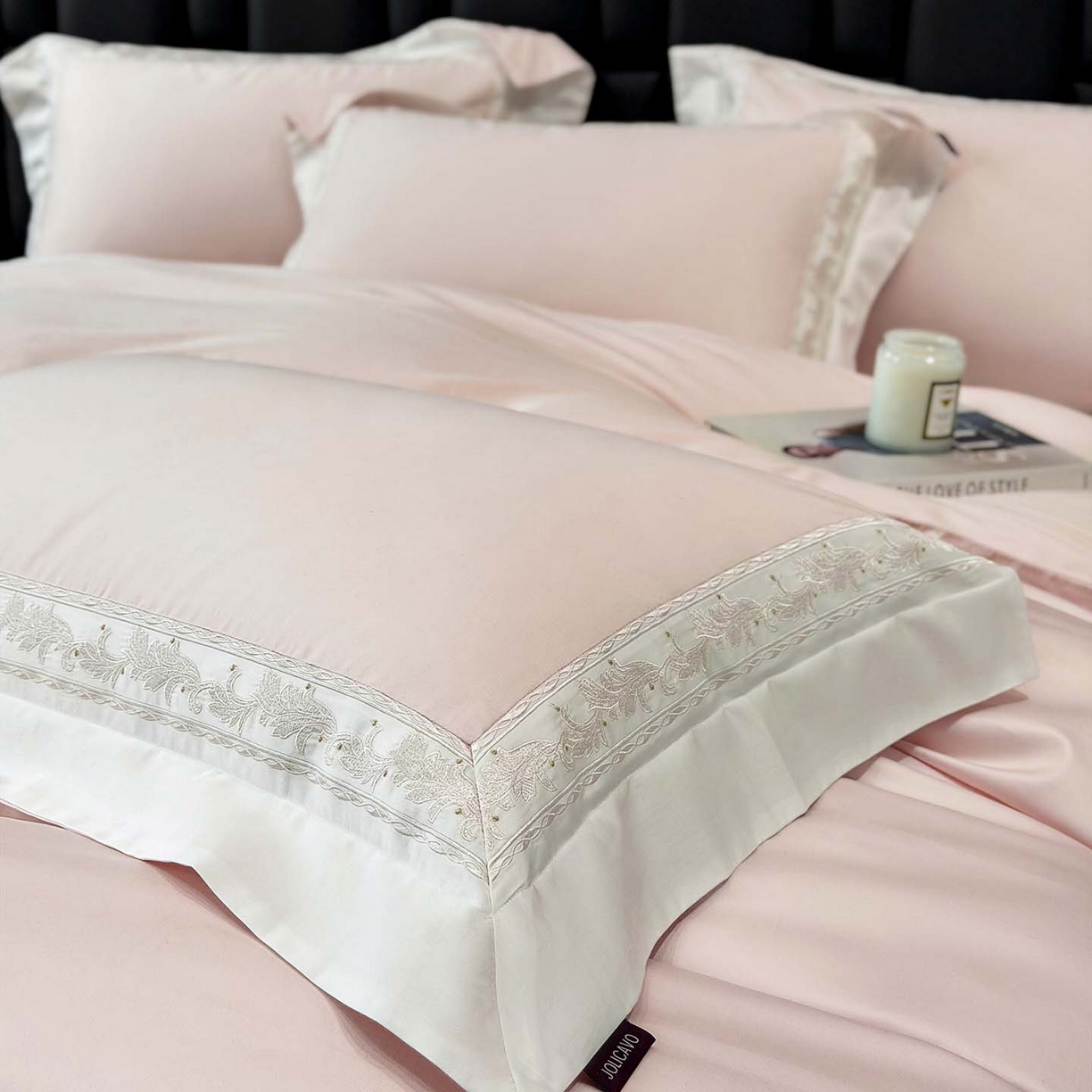 91家纺网 家纺一手货源 找家纺 2026新款A类贡缎长绒棉纯棉刺绣四件套-兰芙 兰芙-柔雪粉