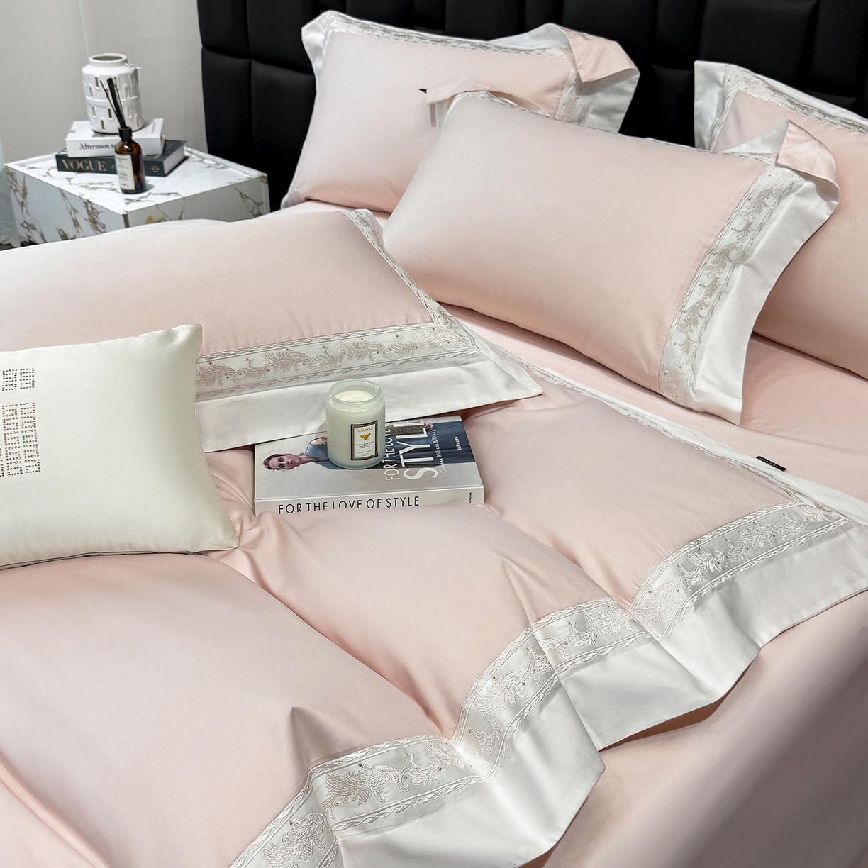 91家纺网 家纺一手货源 找家纺 2026新款A类贡缎长绒棉纯棉刺绣四件套-兰芙 兰芙-柔雪粉