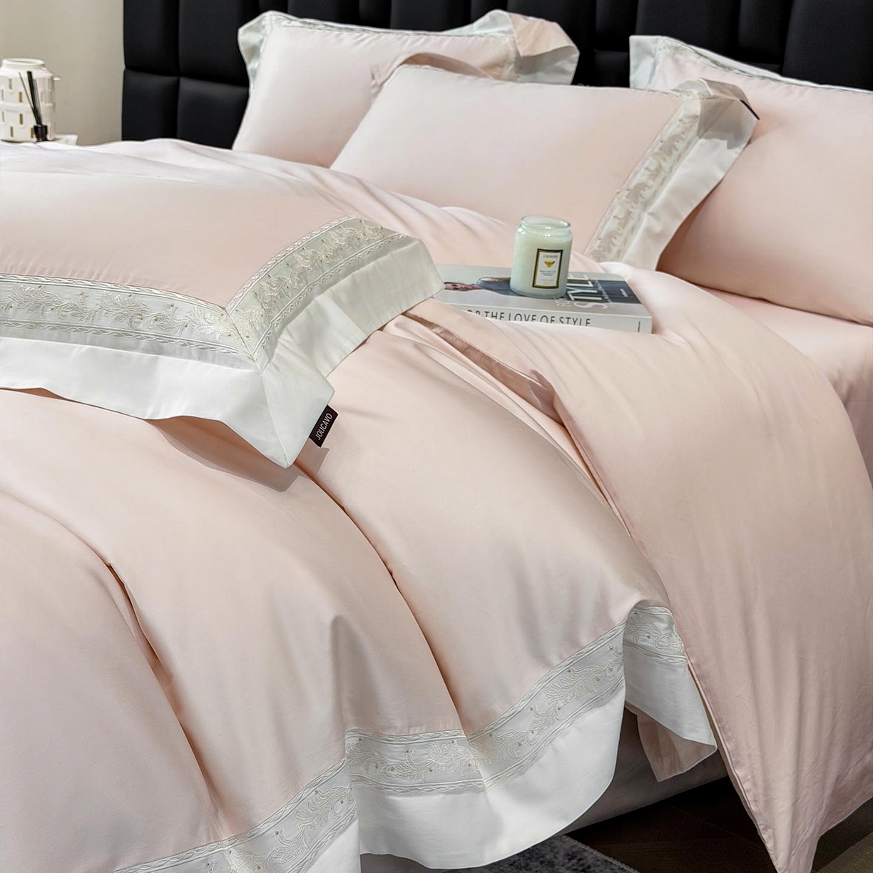 91家纺网 家纺一手货源 找家纺 2026新款A类贡缎长绒棉纯棉刺绣四件套-兰芙 兰芙-柔雪粉