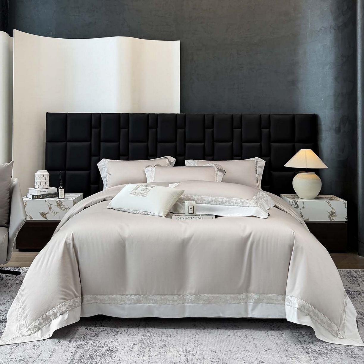 91家纺网 家纺一手货源 找家纺 2026新款A类贡缎长绒棉纯棉刺绣四件套-兰芙 兰芙-兰亭灰